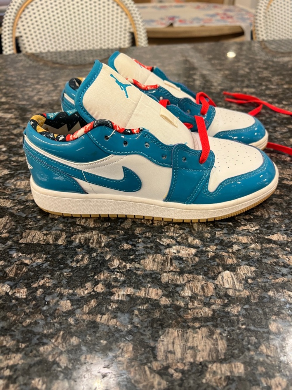 Jordan Kids Low Top Sneakers - White, Teal & Red Accent patent leather